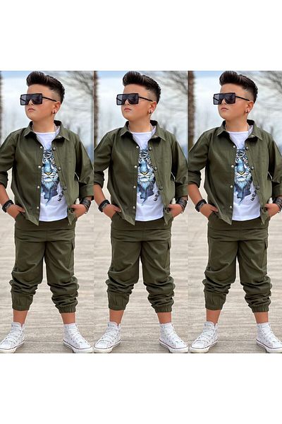 modavals Gabardine Shirt Cargo Pocket Pants and Tiger Printed Tshirt 3 Pieces Boy's Suit
