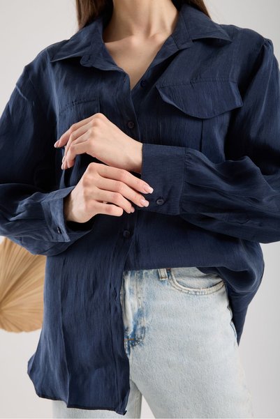 amurpars Satin Oversize Women's Shirt Navy Blue Double Pocket Flap Crinkle