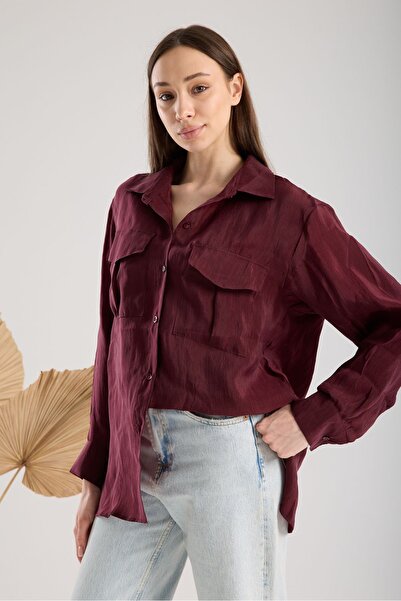 amurpars Claret Red Double Pocket Flap Crinkle Satin Oversize Women's Shirt