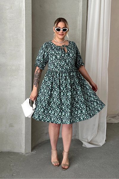 Stil Diva Plus Size Tie Front Half Sleeve Print Mini Dress 101-8