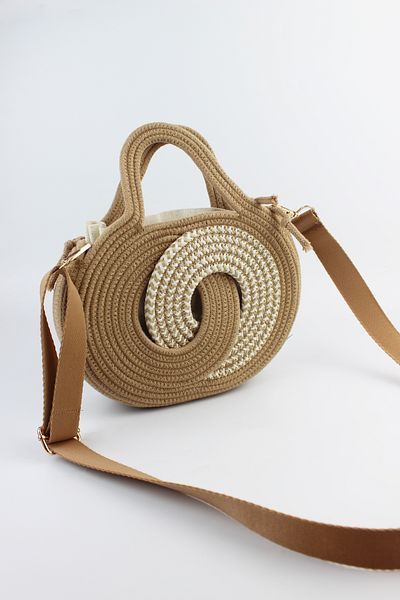 İLKYAZ Milky Brown Mini Size Adjustable Strap Pouch Infinity Model Straw Women's Hand and Shoulder Bag