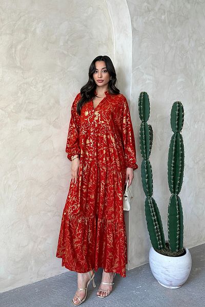 ASEDE 100% Viscose Bohemian Alaçatı Dress Ethnic Patterned Water Foil Print Viscose Dress Dress Suitable for Hijab