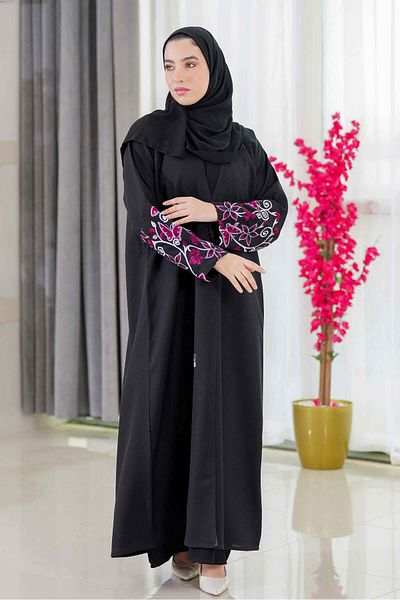 abayahasnaa Abaya with rose embroidery inserts on the sleeve