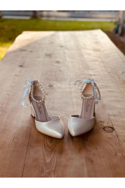 İlkinin Pabuçları Pearl Bridal Shoes, Women's Evening Dress Shoes with Rhinestone Pearls, Comfortable Design with 5cm Thick Heels