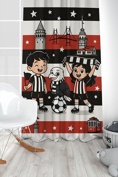 Bertille Home Children's and Baby's Room Black and White Fan Football Series Background Curtain Single Wing (Curtain)