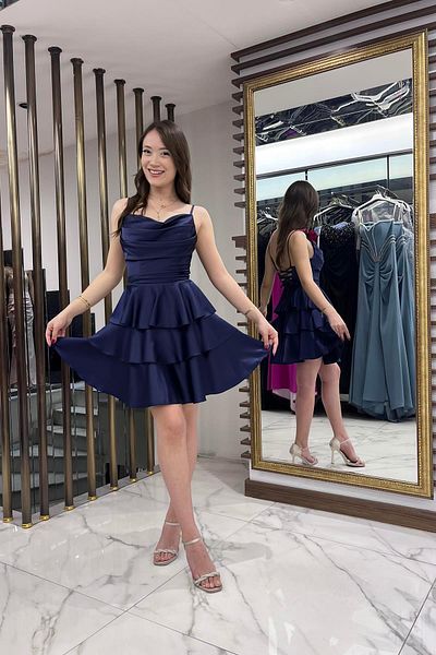By Saygı Rochie scurtă din satin pentru femei, cu curea de frânghie, cu dantelă la spate