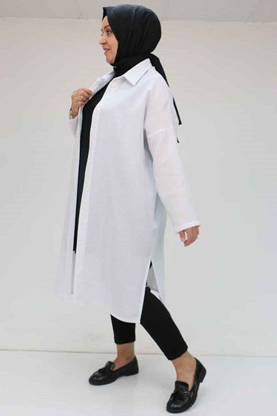 Eslina 58064 Large Size Muslin Low Sleeve Shirt - Ecru