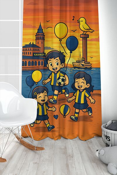 Bertille Home Children's and Baby's Room Yellow Navy Blue Fan Football Series Background Curtain Single Wing (Curtain)