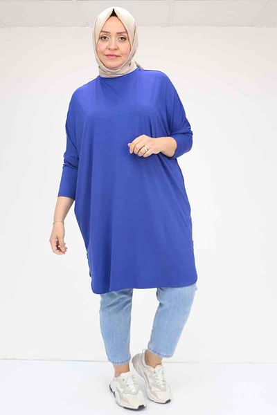 Eslina 38111 Large Size Basic Combed Cotton Tunic - Indigo