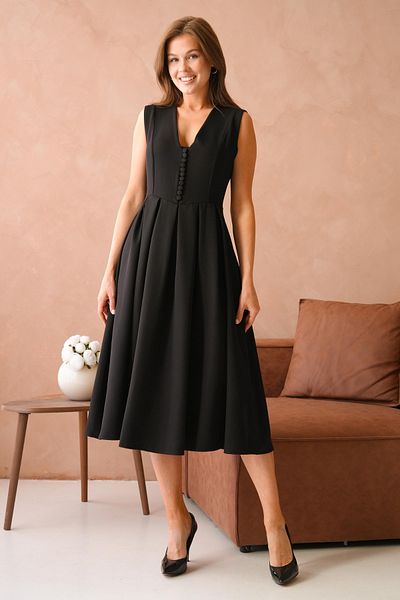 lovebox Button Detail V-Neck Double Fabric Pleated Flared Cut Midi Length Black Graduation Dress 2182