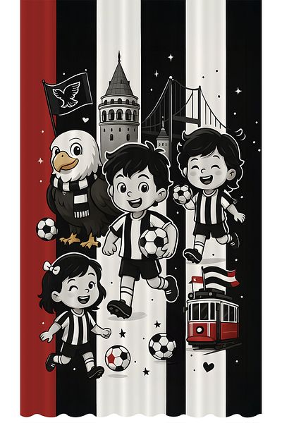 Bertille Home Children's and Baby's Room Black and White Fan Football Series Background Curtain Single Wing (Curtain)