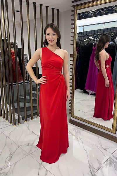 By Saygı Women's One Shoulder Side Window Detailed Long Crepe Satin Dress
