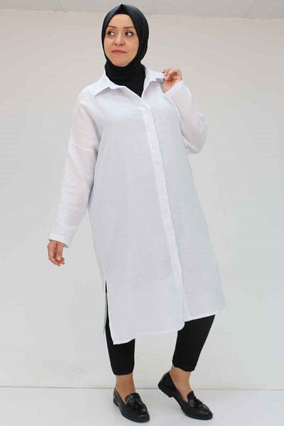 Eslina 58064 Large Size Muslin Low Sleeve Shirt - Ecru