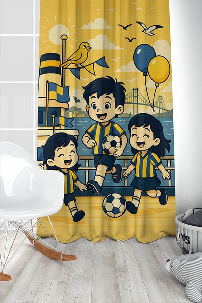 Bertille Home Children's and Baby's Room Yellow Navy Blue Fan Football Series Background Curtain Single Wing (Curtain)