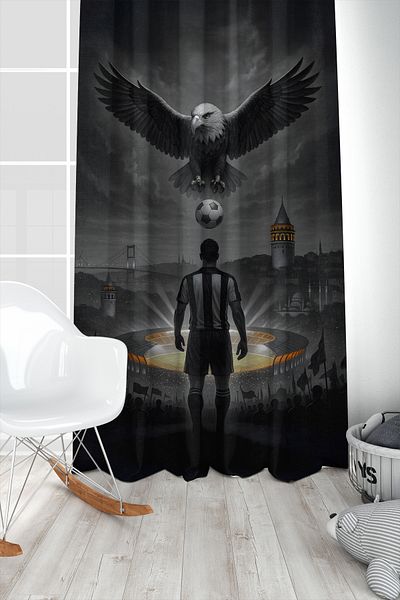 Bertille Home Children's and Baby's Room Black and White Fan Football Series Background Curtain Single Wing (Curtain)