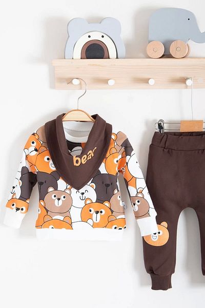 Moda Şahsenem طقم طفل رضيع منقوش من Family Bears مكون من 3 قطع مع وشاح
