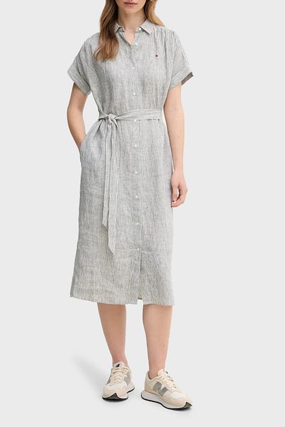 Tommy Hilfiger Striped Logo 100% Linen Regular Fit Belted Shirt Dress Shirt Dress Ww0W