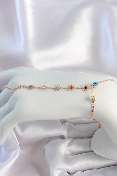 STOREMAX Brass Gold Color Colorful Stone Flower Model Evil Eye Bead Detail Şahmeran