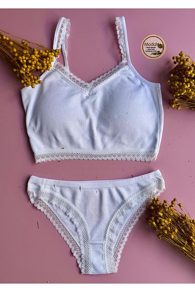 Elosia Modal Fabric, White Color, Bra and Slip Panty Set -Camisole and Lace Detail- 45E13