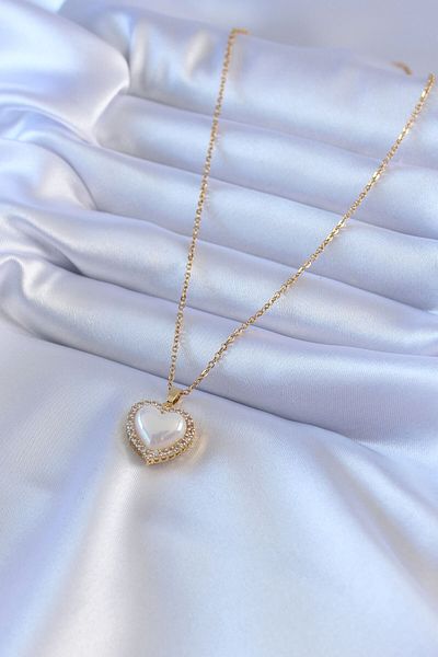 Skygo 316L Steel Gold Color Pearl Heart Model Zircon Stone Women's Necklace - TJ-BKO7566