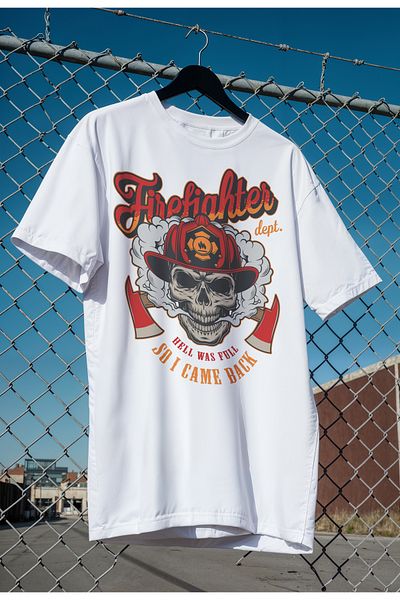 mooodcase Unisex Oversize White T-Shirt Crew Neck Short Sleeve Cotton Fire Fighter Patterned
