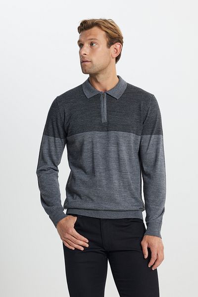 ALTINYILDIZ CLASSICS Men's Gray Melange Wool Standard Fit Regular Cut Polo Collar Striped Knitwear Sweater