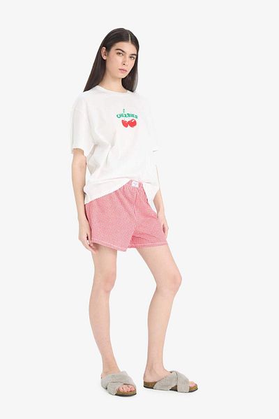 DeFacto Regular Fit Pajama Set Short Sleeve Printed Pajama Top with Stretchy Waist Shorts Pajama Bottom-Fall in Love F