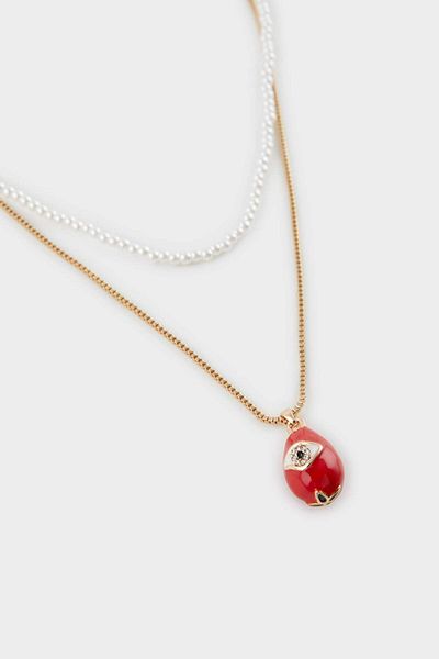 DeFacto Women's Red Stone Pearl Necklace F0809Axns