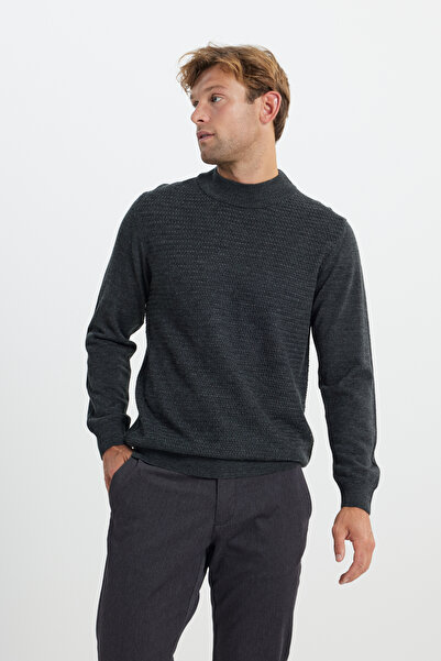 ALTINYILDIZ CLASSICS Pulover pentru bărbați din lână antracit-melange, caldă, cu croiala standard, cu jumătate de gât țesut, tricotaj texturat în fagure