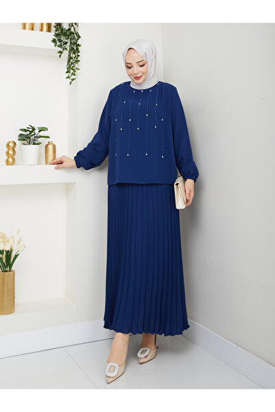 asyadabutik Fusta cu mărgele cu strasuri, țesătură creponată cu volane, costum din două piese de mărime mare