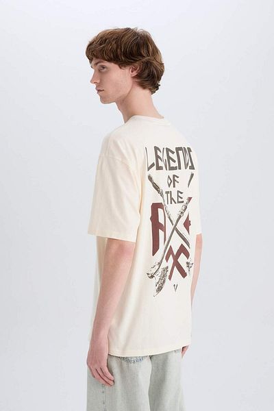 DeFacto 100% Cotton Vikings Valhalla Boxy Fit Crew Neck Back Printed Short Sleeve T-Shirt E3278Ax25Sm