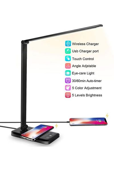 COOYA Portable LED Desk Lamp, USB Port, Wireless Charging, 5-Level Dimming and Color Toning, Black