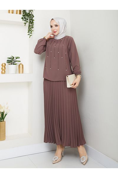 asyadabutik Beaded Stone Skirt Ruffled Crepe Fabric Large Size Double Set