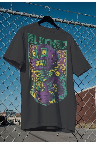 mooodcase Unisex Oversize Black T-Shirt Crew Neck Short Sleeve Cotton Blocked Pattern