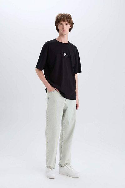 DeFacto 100% Cotton Vikings Valhalla Boxy Fit Crew Neck Back Printed Short Sleeve T-Shirt E3277Ax25Sm