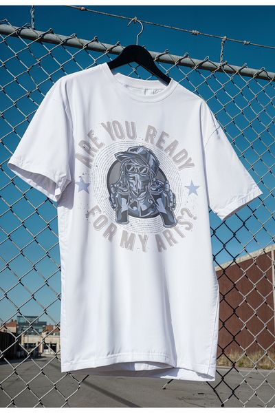 mooodcase Unisex Oversize White T-Shirt Crew Neck Short Sleeve Cotton Are You Ready Patterned