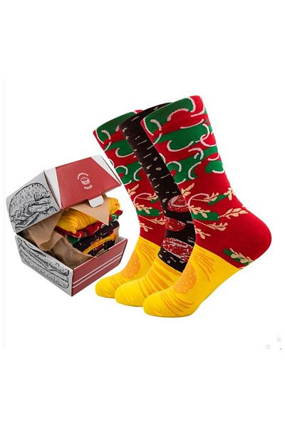 ECARLA Set cadou, 3 perechi de sosete multicolore, XXL, cutie amuzanta hamburger, SKAR05
