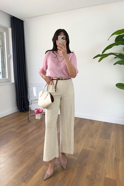 BİRCANÇİL Aleda Stone Front Pocket Detailed Linen Trousers