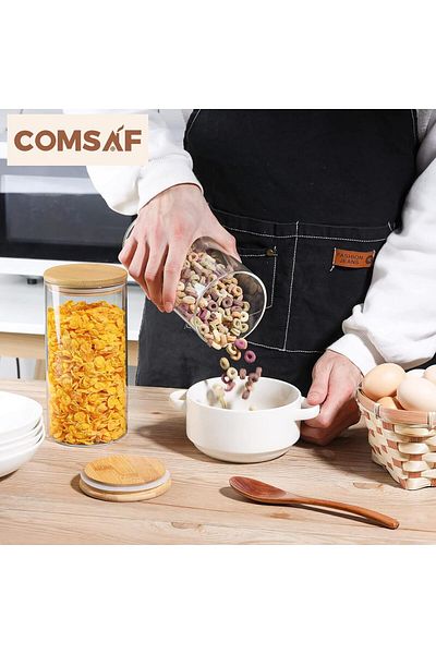 COOYA Sealed glass jar with bamboo wood base and stand for snacks, coffee, nuts, etc.