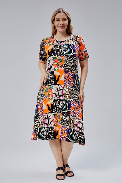 SENTEX Short Sleeve Wide Orange Square Pattern Women's Dress