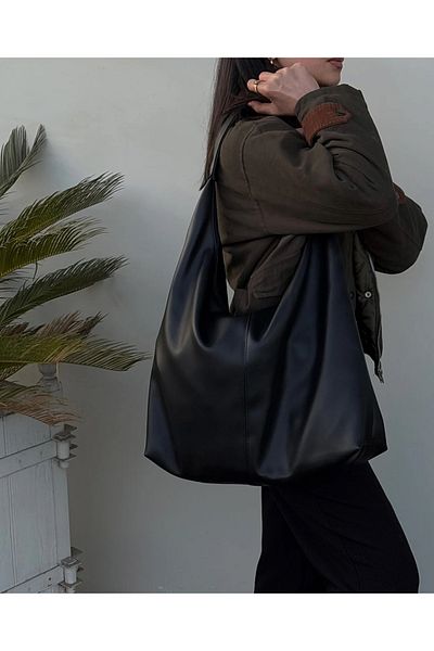Elanore Large Size Women's Shoulder Bag with Faux Leather and Knitted Detail