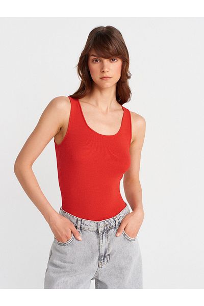 Dilvin 10746 Thick Strap Basic Knitwear Blouse-Red