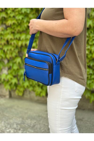 Deribag Piele autentică, mărime medie, curea încrucișată, geantă de umăr pentru femei, albastru 22*18*8 cm