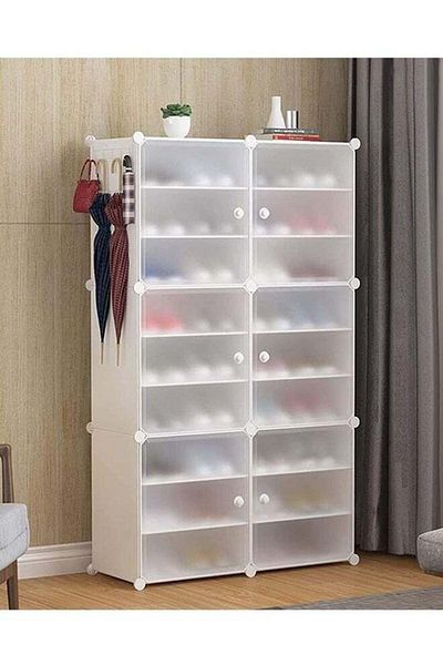 COOYA Portable 9-Shelf Shoe Rack Storage Tower with Translucent Door,18 Modular Cube,White