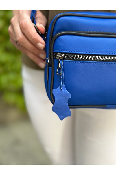 Deribag Натуральна шкіра, середнього розміру, з перехресними ременями, жіноча сумка через плече, синя 22*18*8 см