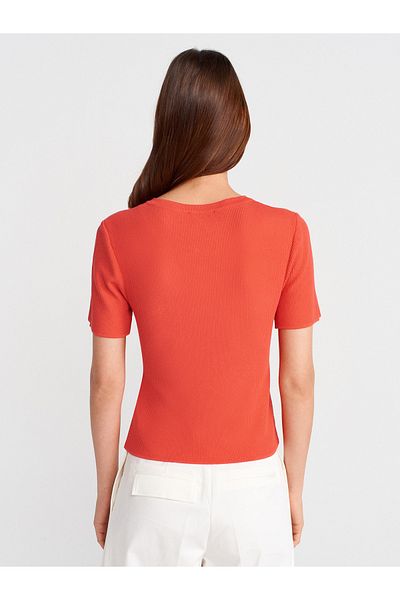 Dilvin 10733 Crew Neck Pocket Buttoned Knitwear Blouse-A.Red