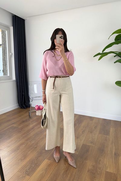BİRCANÇİL Aleda Stone Front Pocket Detailed Linen Trousers