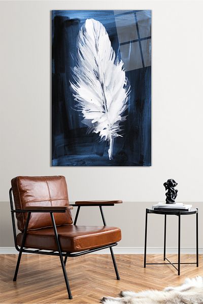 Vosevu Pictură pe sticlă verticală cu pene cu fundal albastru, decor modern pentru birou, decorare de perete cadou, sticlă rezistentă la spargere