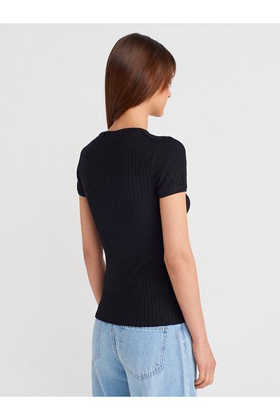 Dilvin 10756 Crew Neck Button Knitwear Blouse-Black