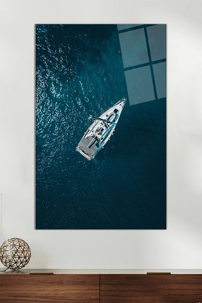 Vosevu Pictură pe sticlă verticală cu barca cu pânze peste mare, decorațiuni moderne pentru casă, decorațiuni de perete pentru cadou, sticlă rezistentă la spargere